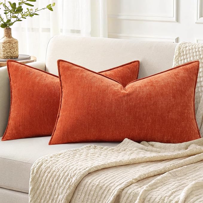 decorUhome Chenille Rust Velvet Throw Pillow Covers 12x20 Set of 2 | Fall Soft Lumbar Couch Decorative Modern Farmhouse Pillow Cases with Elegant Design for Sofa Bed Living Room Home Decor