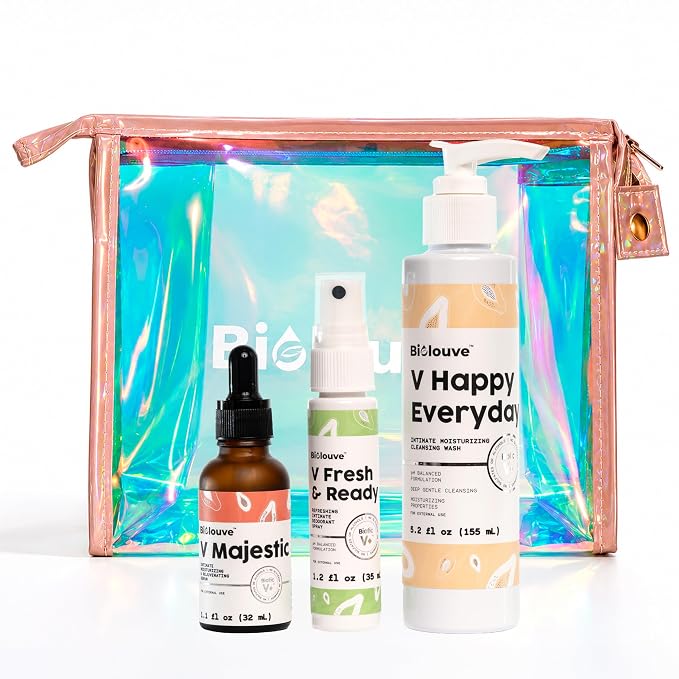 V Daily Ritual Essentials Kit 3-Step Intimate Vulva Care Bundle with Toiletry Bag – BioticV+ - pH Balanced Feminine Wash, Deodorant Vagina Spray & Hydrating Firming Serum. Gynecologist Tested
