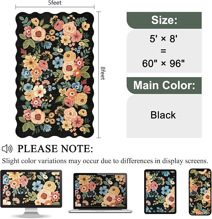 DUKINO 5x8 Washable Area Rug, Soft Floral Living Room Rug Non Slip, Black | Low Pile, Non Shedding Thin Throw Rugs for Bedroom, Dining Room, Home Office, Kids Playroom, Pet Friendly, Modern Home Decor