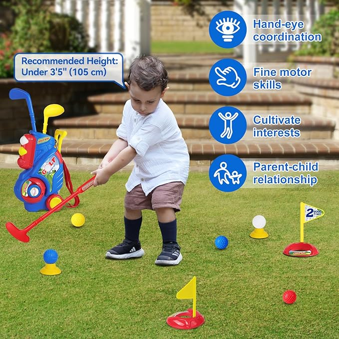 Toddler Golf Set for Boys Girls 2 3 4 5 Years Old, Upgraded Kids Golf Cart with 3 Clubs & 8 Balls, Outdoor Indoor Sports Toys Birthday Gift, Blue