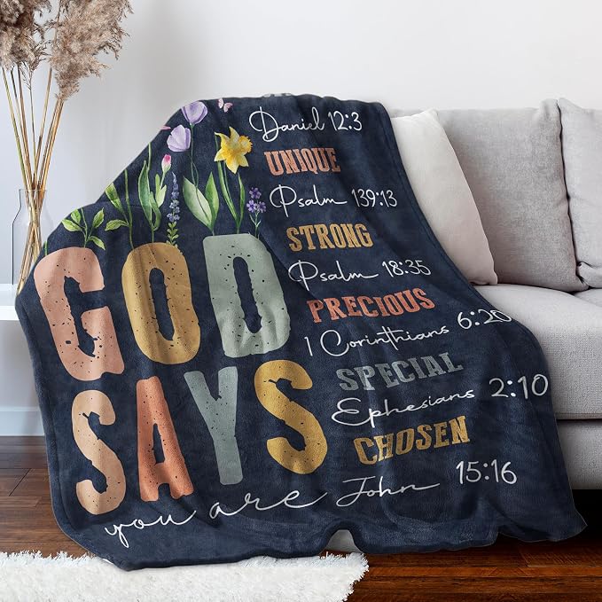 Christian Gifts for Women - Inspirational Floral Blanket | Religious Birthday Gift, Christian Blanket for Mom, Sister, Friend, Baptism & Confirmation, Spiritual Gift for Her (Blue)