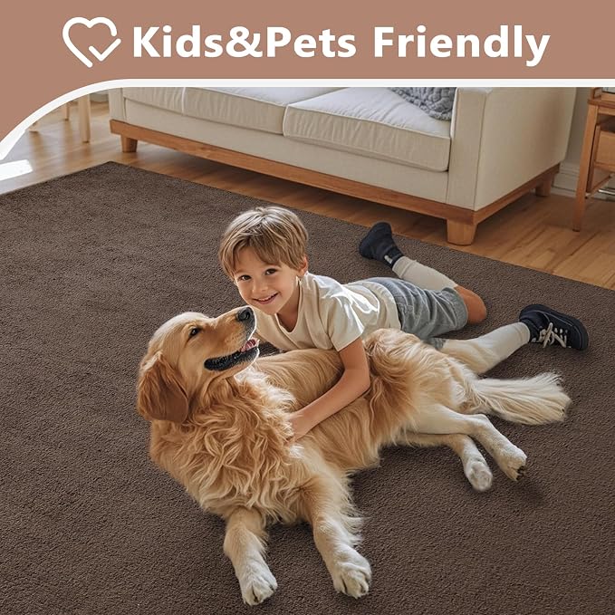 FinRèc 7x10 Washable Area Rugs for Bedroom Living Room, Low Pile Thin Rug Solid Color, Non-Slip Carpet Indoor for Home Decor (Pure Brown)