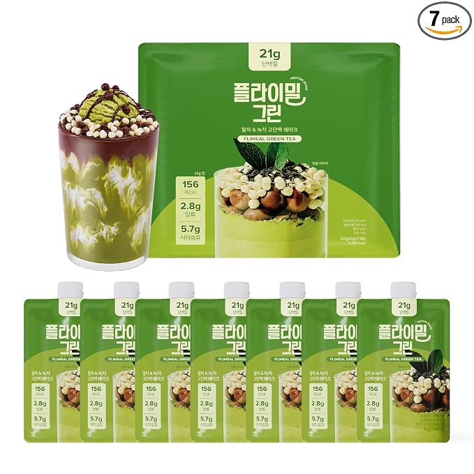 Flimeal GreenTea Matcha Protein Shake, With Crunchy Protein Balls, Protein Smoothie Powder - 21g Protein, Low Sugar, Keto-Friendly Meal Replacement Shake, 1.59oz, 7packs, 7 Servings (7 Packs X 1.59 oz)