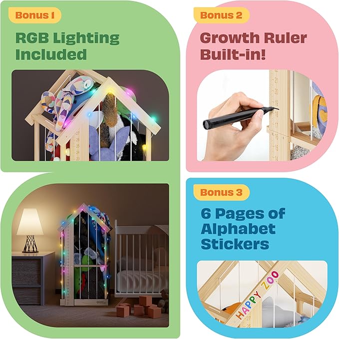 Stuffed Animal Zoo Storage Cage | Wooden Plush Tower Storage | Durable Plush Toy Stuffie Holder | Vertical Jail Organizer with Height Ruler, Stickers & RGB Light (Small)