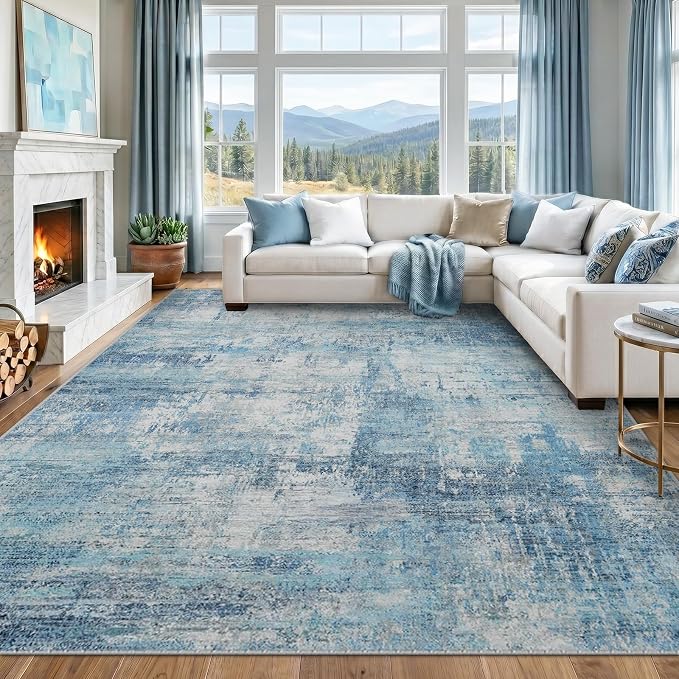 RELEANY Washable 5'x7' Abstract Area Rug for Living Room Teal Blue | carpet for bedroom, kitchen, office, hallway and entryway, printed pattern, non-slip, soft, stain-resistant, easy to clean