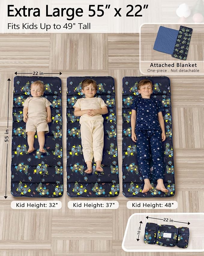 Primlect Thickened Toddler Nap Mat with Removable Pillow and Minky Blanket, Extra Large 55''x35'' Sleeping Bag, Washable, Roll up, Perfect for Daycare, Preschool, Kindergarten, Boys and Girls