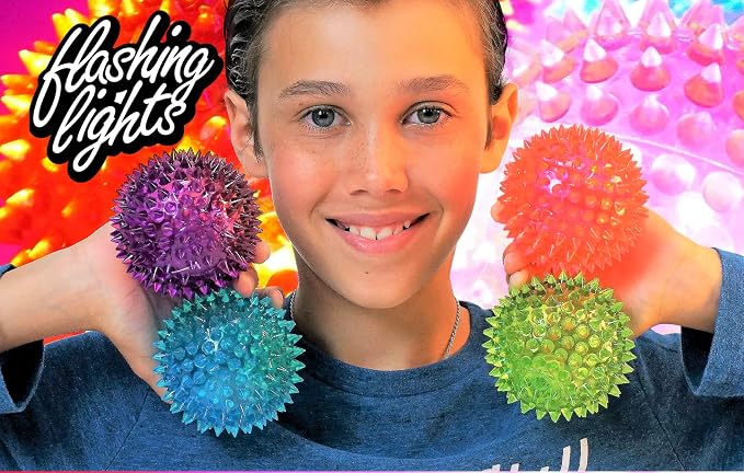 JA-RU Large 3.25" Light Up Spiky Rubber Ball (8 Balls) Spike Sensory Toy for Kids. Squishy Bouncy Dog Toy. Therapy Stress Fidget. Party Favor. Plus 1 Sticker. 699-8s