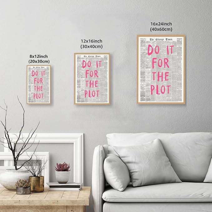 Do It For The Plot Vintage Newspaper Poster Retro Motivational Pink Wall Art Positive Daily Reminder Motivational Quote Print for Bedroom Office Home Decor Aesthetic 8x12inch Wooden Framed