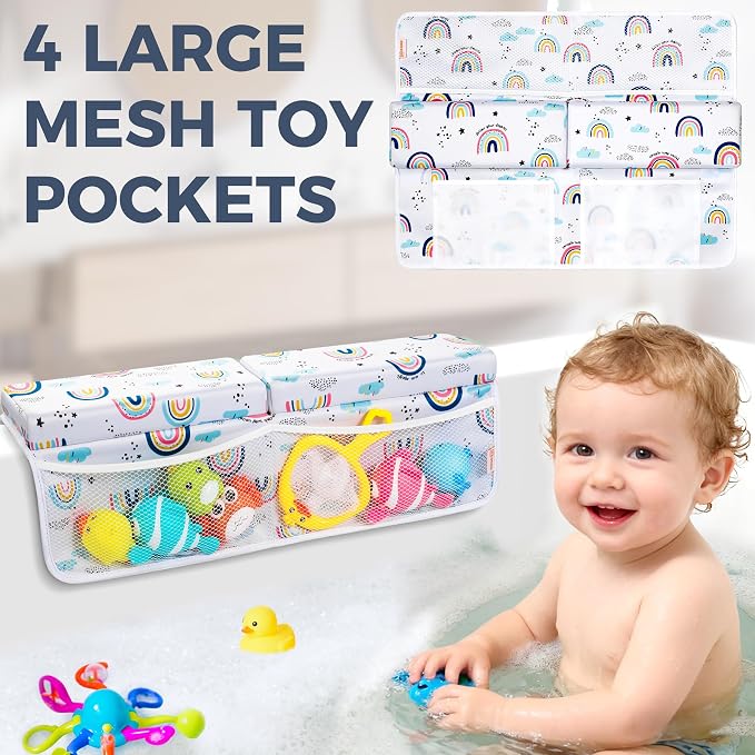 Bath Kneeler and Elbow Rest Pad Set - Comfortable 1.5” Thick Baby Bath Kneeler Pads with Toys Organizer, Non-Slip Knee Arm Support Bathtub Mat, Quick-Drying Kneeling Pad for Baby Bath Time