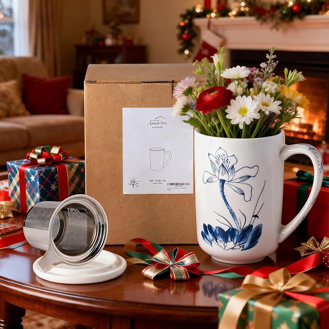 AmorArc Porcelain Tea Mug with Infuser and Lids, 18 Oz Large Cup Strainer with Bag Holder for Loose Leaf Tea, Steeping Coffee Mug for House-warming Wedding Birthday Gift