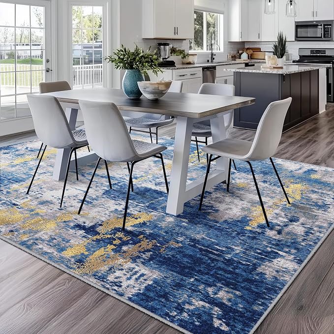 RELEANY Washable Area Rugs 6'x8' Non-Slip Modern Abstract Soft for Living Room Entryway Bedroom Kitchen, Print Pattern, Grey Blue Gold/Golden