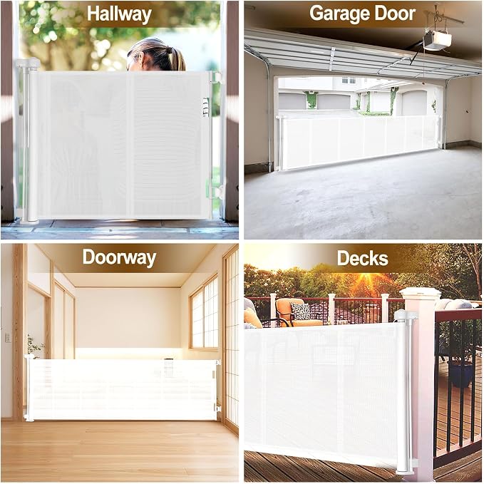 Miumoon 150 inch Retractable Baby Gates 34 inch Tall, Retractable Gate with Reinforced Strip Design to Prevent Crawling Through, 12 FT Extra Wide Retractable Dog Gate for Indoor/Outdoor