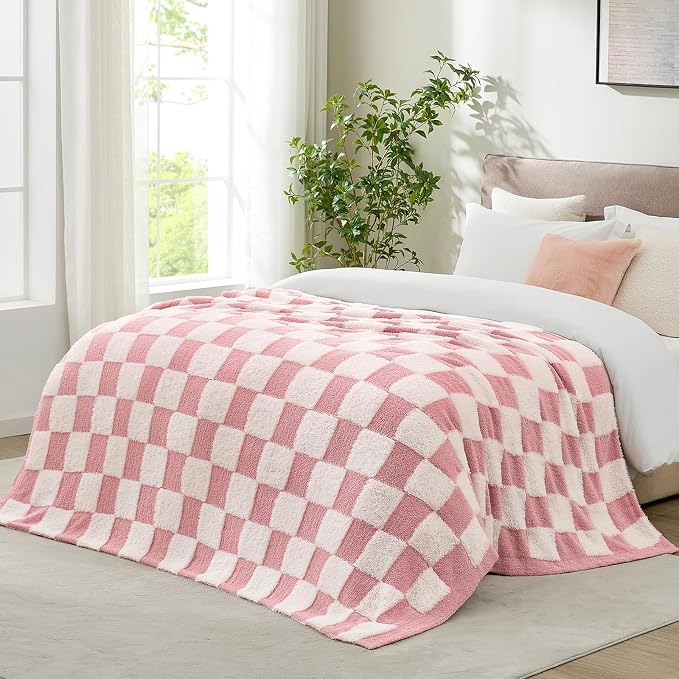 Snuggle Sac Pink Checkered Throw Blanket Faux Fur Microfiber Blankets for Couch,Cozy Soft Warm Blanket for Sofa Bedroom Living Room,Pink Checker,50x60 inches