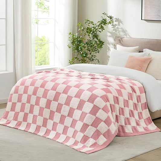 Snuggle Sac Checkered Throw Blanket Faux Fur Microfiber Blankets for Couch,Cozy Soft Warm Blanket for Sofa Bedroom Living Room,Pink Checker,60x80 inches