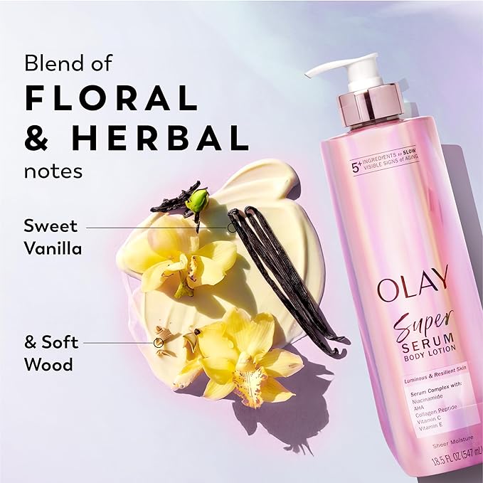 Olay Super Serum Hand & Body Lotion for Dry Skin, 24hr Long Lasting Hydration, 5+ Ingredient Complex for Bright Even Firm Luminous Skin, Sweet Vanilla & Soft Wood Scent, 18.5 fl oz
