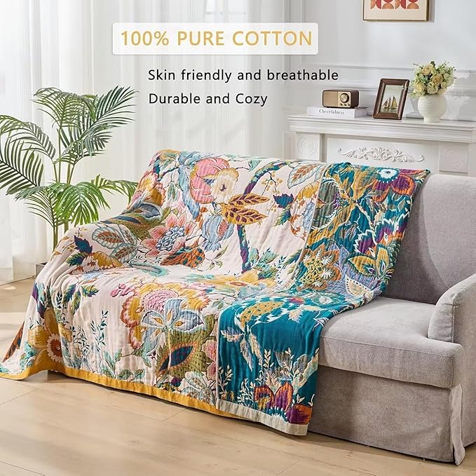 Boho Throw Blanket Farmhouse Decor Throw Blanket Bohemian Blanket for Bed 100% Cotton Muslin Woven Couch Blanket All Seasons Quilt Bedroom (C-Beige, 50"x60")