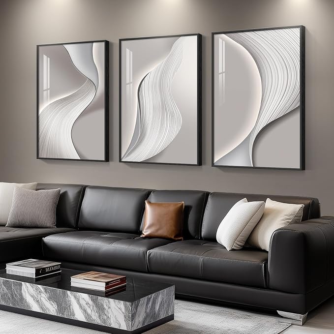 Large Framed Modern Abstract Wall Art, 3 Piece Minimalist Bright Style Prints Paintings Artwork for Walls, Silver Gray Contemporary Luxury Pictures for Living Room Hallway Office Wall Decor Total 30x60 In
