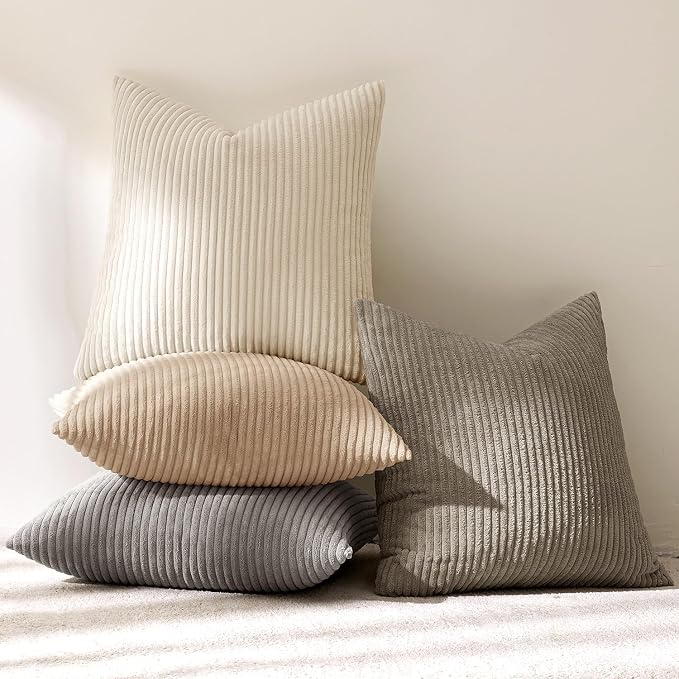 MIULEE Soft Corduroy Decorative Throw Pillow Covers Neutral Cream 18x18 | Set of 4, Mordern Nordic Home Decor, Cozy Cream Collection, Boho Farmhouse Cushion Covers for Couch Bed Sofa Living Room