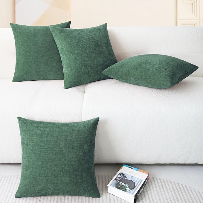 CaliTime Decorative Couch Throw Pillow Covers 18 X 18 Inches Dark Green | Pack of 4, Cozy Chenille Cushion Cases for Sofa Bed Living Room Farmhouse Home