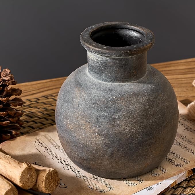SIDUCAL Ceramic Rustic Farmhouse Vase | 6 Inch Pottery Decorative Flower | Boho | Terracotta Vase for Home Decor Table, Living Room, Bathroom Decoration, Shelf Decor, Mantel, Bronze