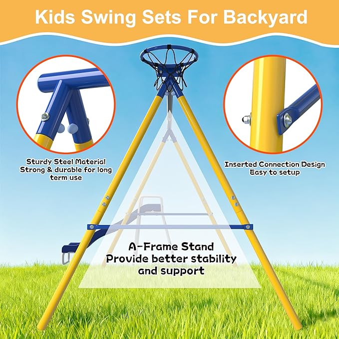 Heavy-Duty 5-in-1 Metal Swing Set for Backyard, Outdoor Playset for Kids 3-12 with Slide, 2 Swings, Basketball Hoop & Gymnastic Rings, Easy Assembly