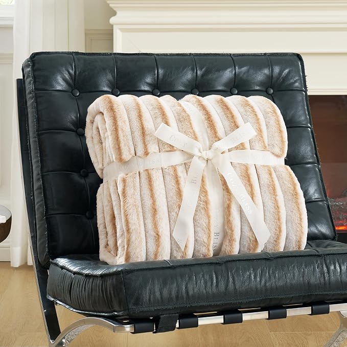Cozy Bliss Faux Fur Throw Blanket for Couch, Cozy Warm Plush Striped Blanket for Sofa Bedroom Living Room,60 * 80 Inches Khaki