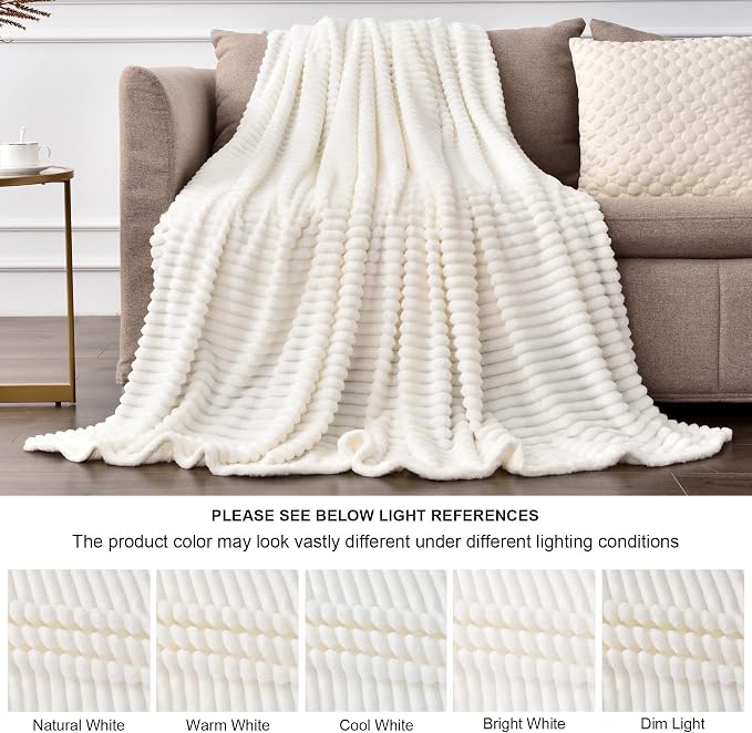 BEDELITE Ribbed Jacquard Off White King Size Blankets for Bed, 108x90 Inch | Soft Warm Decorative Fluffy Blanket, Cozy Fuzzy Lightweight Plush Fleece Throw Blankets for Bed, Room Decor, Gift for Women