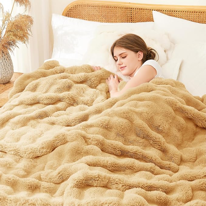 L'AGRATY Faux Rabbit Fur Throw Blanket for Couch, 60''x80'', Milk Tea Brown | Soft Cozy Bubble Fluffy Blanket for Sofa Bed, Thick Warm Plush Fuzzy Throw for Room Home Decor, Luxury Gift for Women Mom