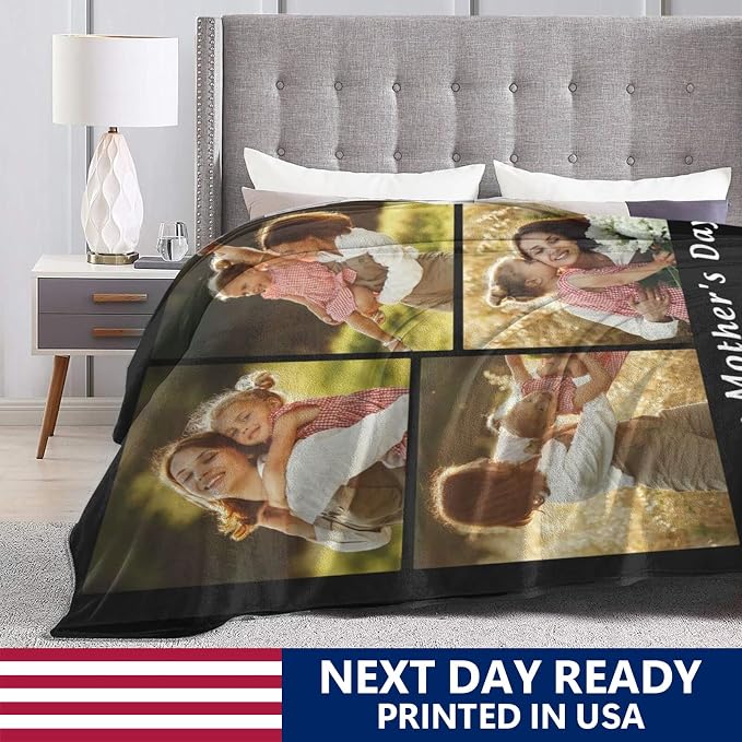 Custom Halloween Blanket Gift for Kid Boy Girl, Personalized 4 Photo Blanket, HD Printing Customized Flannel Throw Blanket Gifts for Mom Dad Couple Girlfriend Boyfriend Wife Husband