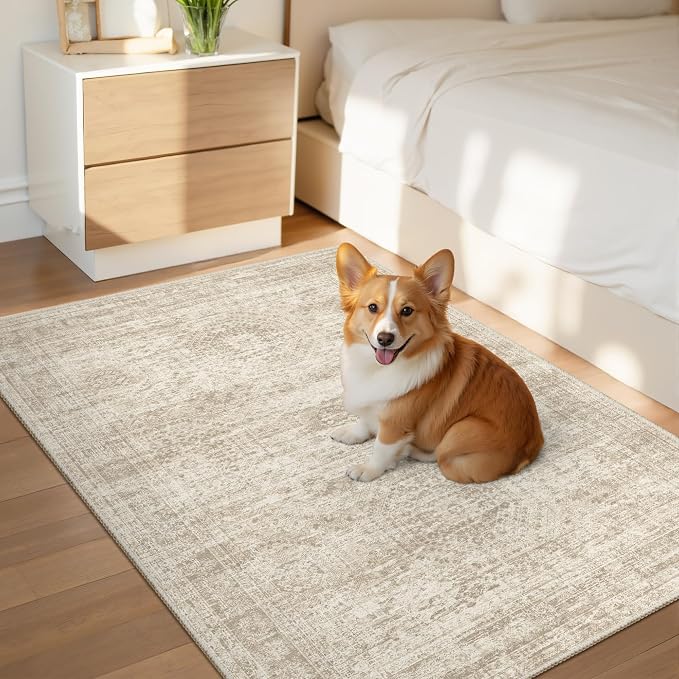 Soalmost 2x3 Washable Rugs for Kitchen, Entryway, Small Area Rug Beige | Non-Slip Vintage Low Pile Throw Door Mat For Bathroom Entry Laundry Powder Room, Stain Resistant Indoor Entrance Floor Carpet