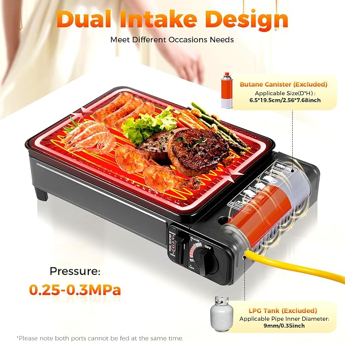 Portable Butane Gas Grill Set, Adjustable Firepower Gas Grill Stove High Safety Tabletop Stove with Baking Sheet, Brush and Grilling Net, Korean BBQ Japanese Yakitori Camping Butane Stove