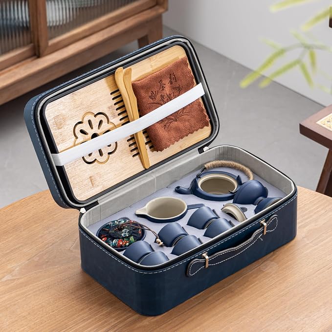14-Piece Portable Ceramic Travel Tea Set - Chinese Kung Fu Tea Kit with Bamboo Tray & Leather Carry Bag (Blue) for Home/Office/Camping/Gifting