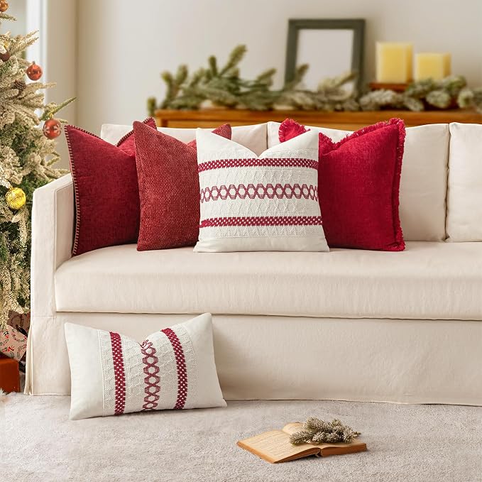 MIULEE Decorative Couch Throw Pillow Covers 18x18 Inch Red 2 Pack | Summer Farmhouse Pillow Covers with Stitched Edge, Soft Chenille Cushion Cases, for Sofa Bed Living Room Home Decor