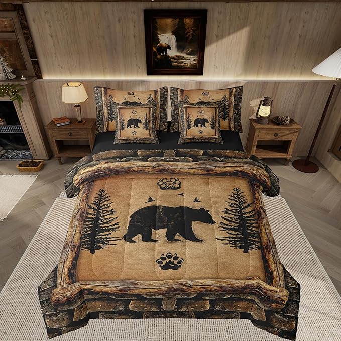 Feelyou Kids Rustic Bear 7 Piece Bedding Set Twin Size Farmhouse Forest Animal Black Bear Comforter Set with Sheets Boys Girls Hunting Country Brown Bed in a Bag