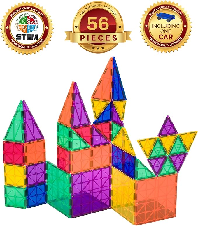 Playmags Magnetic Tiles Building Set 56 Pcs Set with Car - Super Durable Magnet Blocks, STEM Development Kids Building Toys for Boys Girls & Toddlers