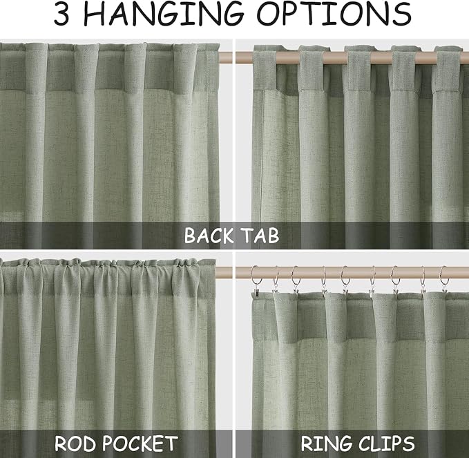 Desert Sage Linen Curtains for Living Room 100 Inches Long Light Filtering Semi Sheer Curtain Back Tab Rustic Farmhouse Decor Elegant Luxury Boho Drapes for Bedroom Dinner Room 52x100, 2 Panels