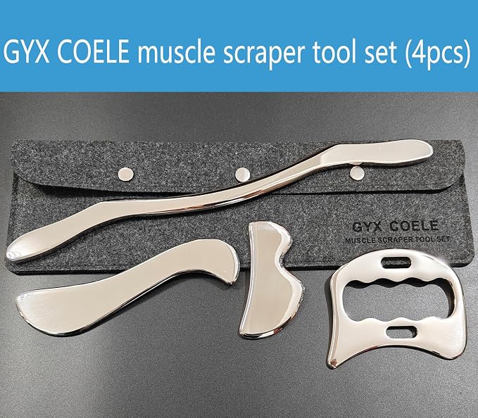 4 in 1 Stainless Steel Gua Sha Muscle Scraper Tool, Professional IASTM Physical Therapy Tool Set for Massage and Scraping （4pcs Carry Bag）