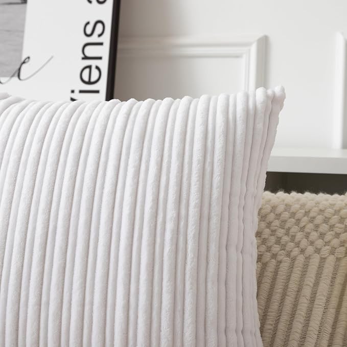 UGASA 12x24 Inch Pillow Cover Pack of 1 Soft Boho Stripe Corduroy Long Rectangular Lumbar Cushion Cover Farmhouse Decorative Throw Pillowcase for Bed, Couch, Sofa, Bedroom, Living Room, Pure White