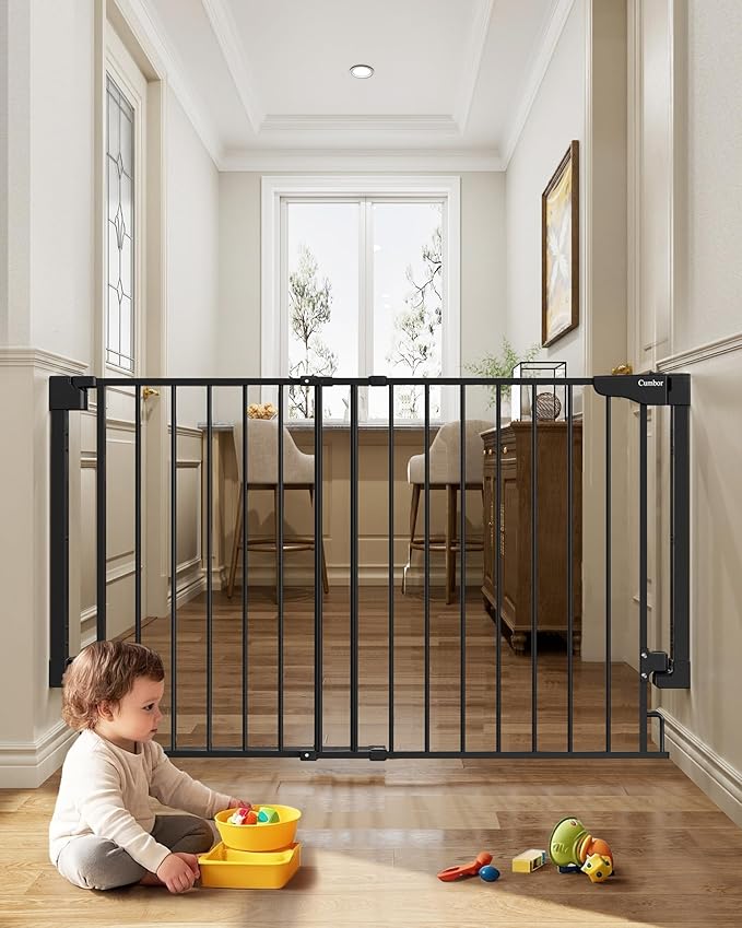 Cumbor Expandable 31.6-48" Baby Gate for Stairs, Hardware Mounted, 2-in-1 No Bottom Bar Dog Gate Indoor, Pet Gate for Doorways with Large Walk Thru Door, Child-Proof Safety Gate for Kids (Black)