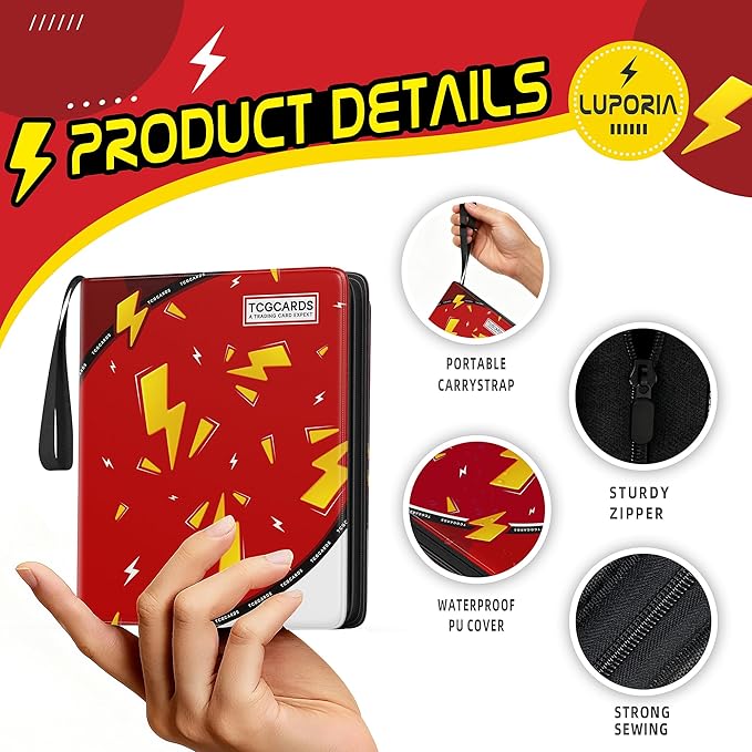 Trading Card Binder 9 Pocket,900 Pocket Card Collection Binder with 50 Removable Sleeves,PU Waterproof Top Card Book,3-Ring Zipper Collectible Trading Card Album for MTG/TCG/Card Holder Gift（Red）