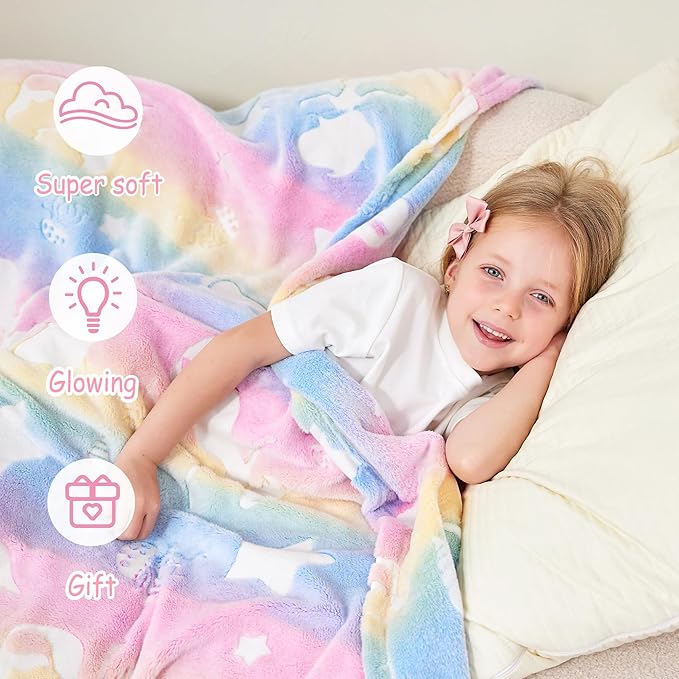 Softan Kids Throw Blanket Glow in The Dark, Soft Cozy Flannel Luminous Blanket for Sofa Couch Bed, Christmas Birthday Gift for Kids, Jellyfish 50x60IN