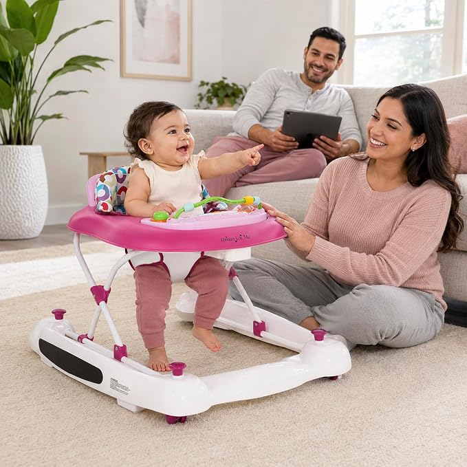 Dream On Me Go-Getter Baby Walker with Rear Push Handle, 2-in-1 Activity Walker and Walk-Behind, 3 Height Adjustments, Easy to Fold, Machine-Washable Seat Pad, Detachable Fun Tray, Pink