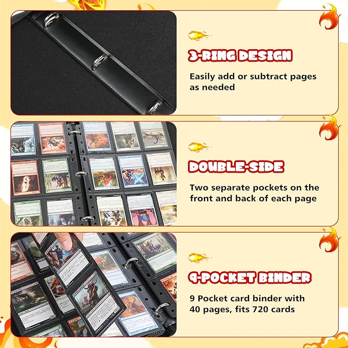 9 Pocket Card Binder for Pokemon Card, 720 Pockets Card Binder Holder with 40 Removable Sleeves, 3-Ring Zip Design Trading Card Albums for MTG/TCG/Sport Collectible Gifts for Boys and Girls (Red)