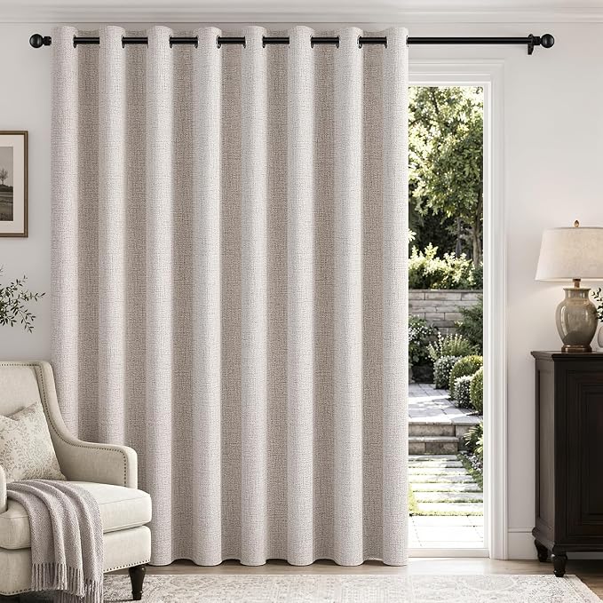 MIULEE Extra Wide 100% Blackout Curtains for Sliding Glass Doors Linen Textured W100 x L90 inch Panel Ivory Thermal Insulated Grommet Room Darkening Drapes for Patio Living Room Bedroom, 1 Panel Set