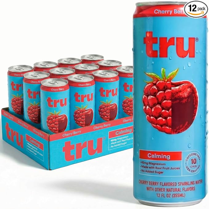 Tru Dream Calming Drink, Magnesium Glycinate Sparkling Water with Real Fruit Juice, Cherry Berry Flavored Seltzer, Caffeine Free, No Added Sugar, Keto, Vegan, Kosher, Gluten Free, 12 Fl Oz (Pack of 12)