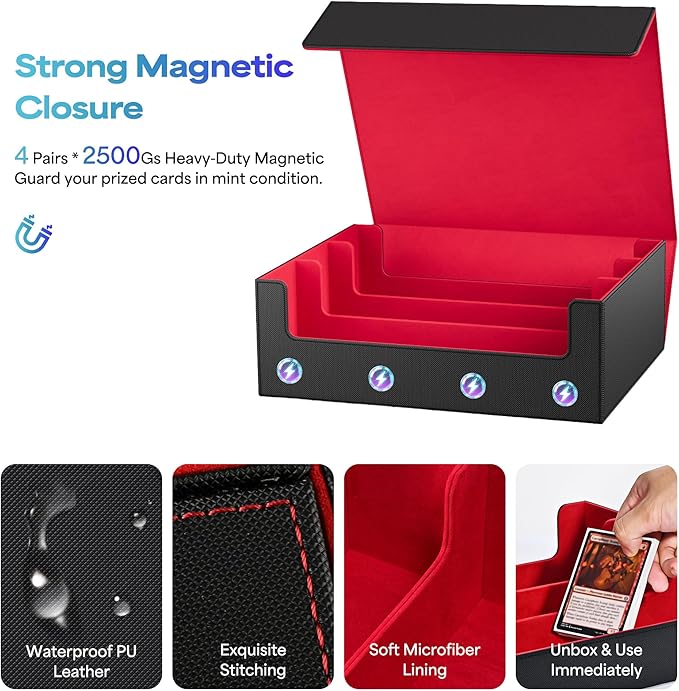 UAONO Trading Card Storage Box, Holds 1800 Sleeved Cards with 10 Dividers & 3 Stoppers, Magnetic Closure PU Leather Card Case for MTG, PTCG, YGO, Sports Cards (Black&red)