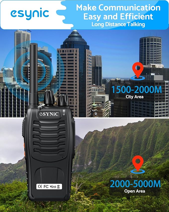 Walkie Talkies for Adults,eSynic 2Pcs Professional Walkie Talkies Rechargeable Long Range 2 Way Radio Handheld Portable Walkie Talkies Supports VOX&16 Channel with LED Light Original Earpieces etc