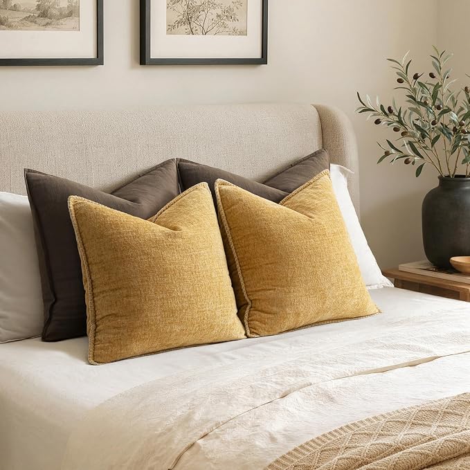 MIULEE Decorative Couch Throw Pillow Covers 16x16 Inch Gold 2 Pack | Mustard Yellow, Farmhouse Pillow Covers with Stitched Edge, Soft Chenille Cushion Cases, for Sofa Bed Living Room Home Decor