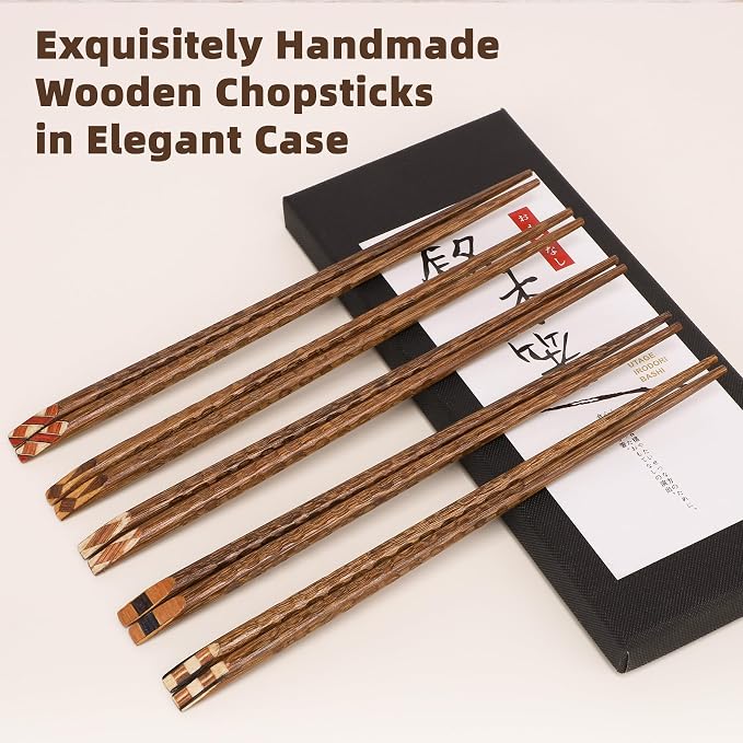 Antner 5 Pairs Wooden Chopsticks Reusable Classic Japanese Style Chop Sticks Dishwasher Safe Hand-Carved Hardwood Chopsticks for Sushi, Ramen, Hot Pot and Asian Cuisine, 8.8 Inch/22.5cm Gift Set