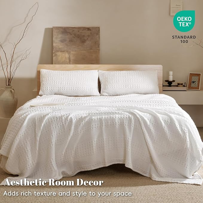 PHF 100% Cotton Waffle Weave Blanket Queen Size, Lightweight Breathable Summer Blanket for Hot Sleepers, Pre-Washed Soft Layer for Bed, Couch, Aesthetic Home Decor & Gift, 90"x90", White